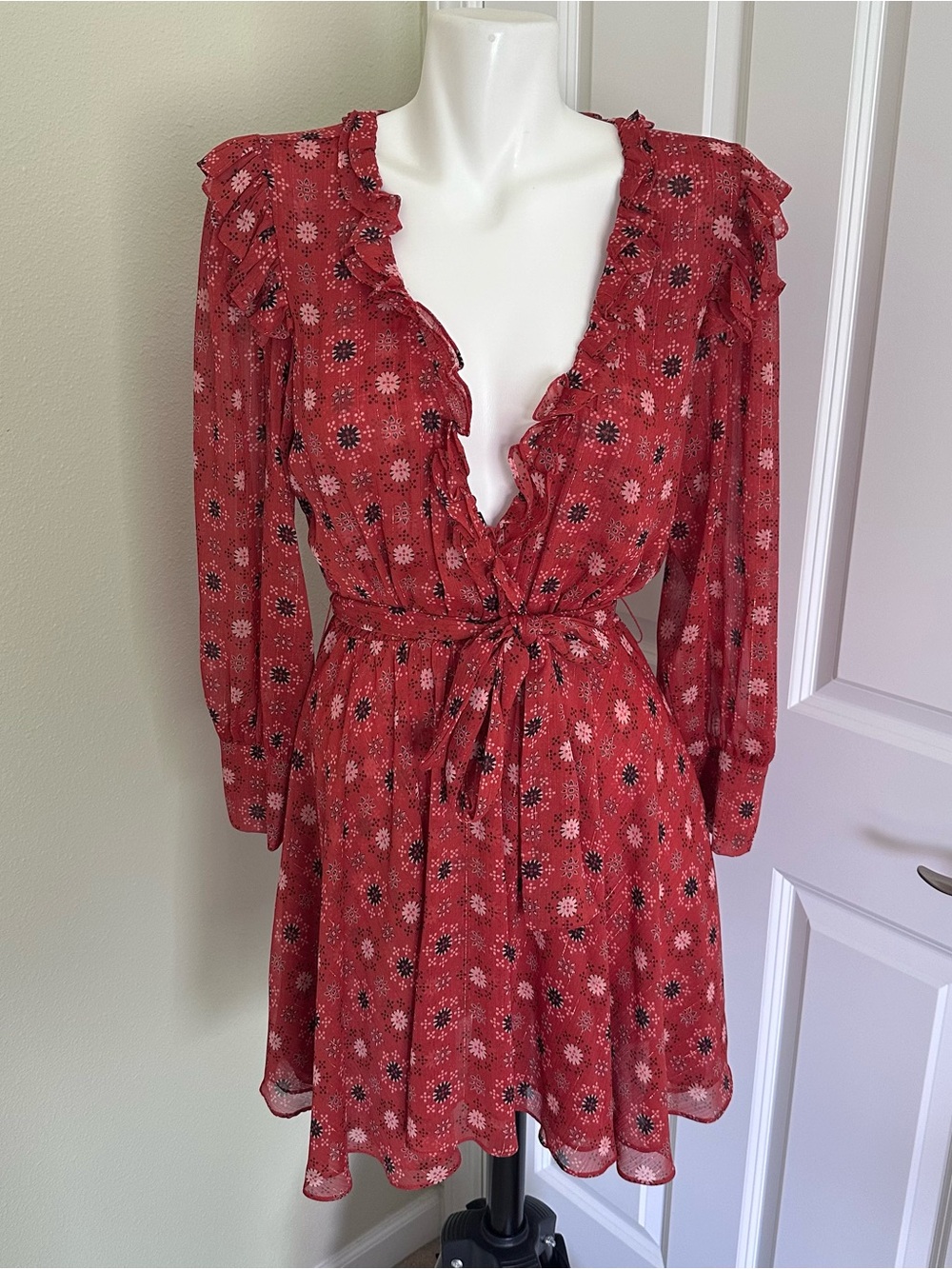 Misa Los Angeles Red Floral Ruffle Tie-Waist Long Sleeve Dress